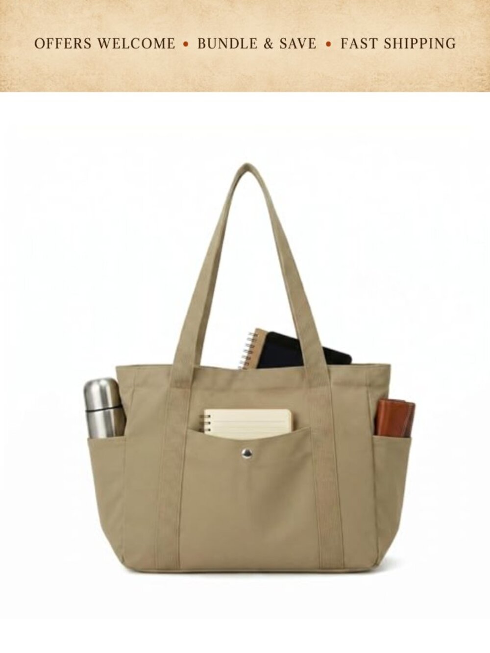 Heavy Duty Canvas Tote Bag with Zipper Multi Pocket Work Bag